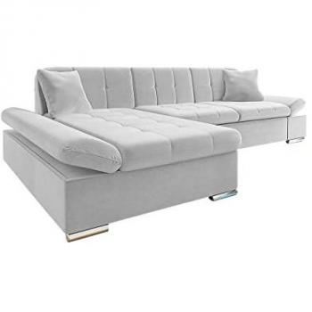Sofá rinconero Comfivo 250, gris, con función de descanso y caja de ropa de cama, dimensiones 278x161x76cm