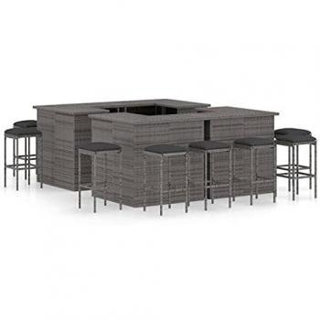 16-Piece Grey Poly Rattan Garden Bar Set with Cushions