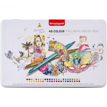 Bruynzeel Twin Point Colouring Pens - 48 Pack in Metal Box, Double-Ended with Brush and Fine Tip