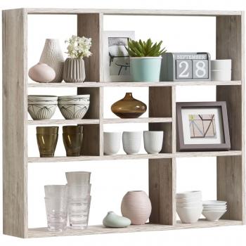Estantería de pared con 9 compartimentos color roble arena FMD, material de madera, dimensiones aproximadas 90 x 78 x 16 cm