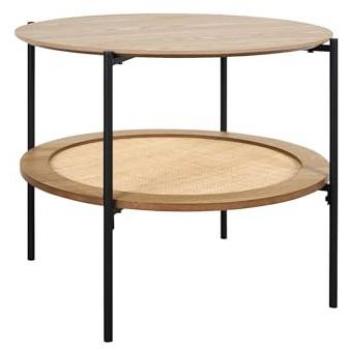 Mesa de Centro Redonda Manado con Tablero Doble Efecto Madera y Caña Natural, 63.2x63.2x52 cm
