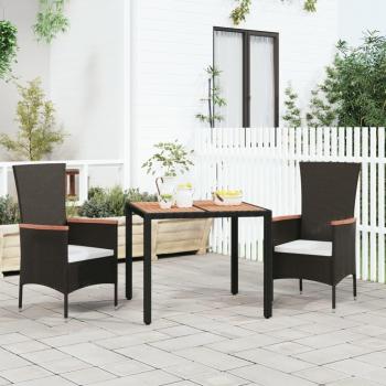 Mesa de jardín de Polyrattan negro con superficie de madera maciza de acacia