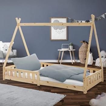 Cama Infantil Tipi Natural 200x90 cm con Protección Anticaída y Somier de Listones de Madera de Pino