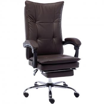 Silla de oficina marrón en cuero sintético con reposapiés reclinable, dimensiones 113-120x64x68 cm