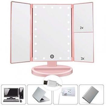 WEILY Espejo de Maquillaje Iluminado con Lupa 2X/3X, 21 Luces LED, Doble Fuente de alimentación, Brillo y ángulo Ajustables