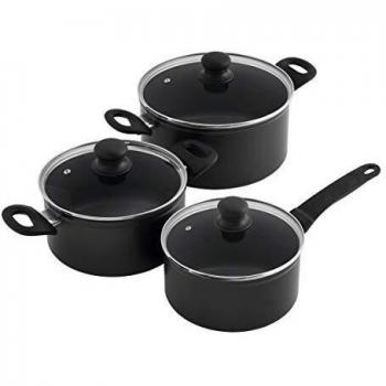 Kuhn Rikon, Bateria de Cocina Easy Induction , Set de 3 piezas: Cazo 1,5L/16 Cm y Cacerolas de 3L /20 m y 5L/ 24 Cm. , Tapa de Cristal, Aluminio Negro con Antiadherente de 3 Capas Libre de PFOA