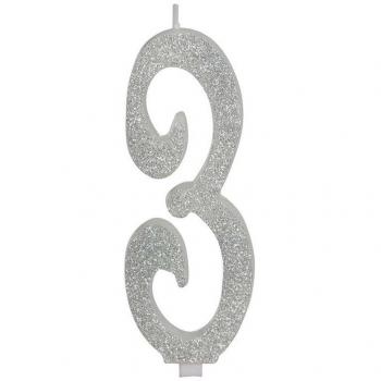 Vela Escarchada Plata Número 3, de 12.5 cm