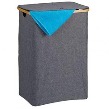 Cesto de Ropa Sucia Relaxdays 100 l con Tapa, Bambú, Poliéster Respirable, Fácil de Transportar, 66x45x36,5 cm, Gris/Natural
