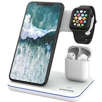 Canyon WS-302 3-in-1 Wireless Charging Station Qi-Compatible/ 1xUSB Type-C Port/ 15W Fast Charge/ 5W Standard Charge White