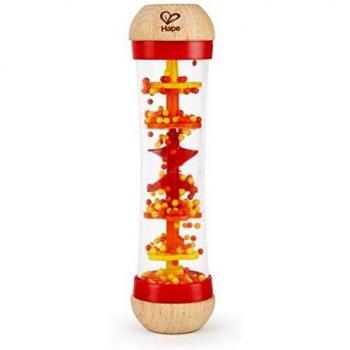 Hape Beaded Raindrops | Mini Wooden Musical Shake & Rattle Rainmaker Toy, Red