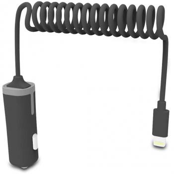 Cargador de Coche Muvit iO con Conector Lightning MFI Certificado, 2.4A, Cable Rizado de 1.8 Metros, Color Negro