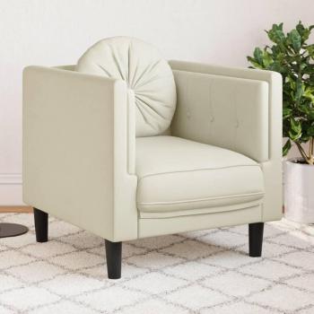 Sillón tapizado en terciopelo color crema con cojín, respaldo y reposabrazos, ideal para descanso y uso en salón
