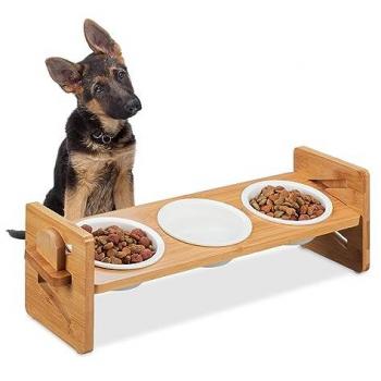 Comedero Elevado para Perros con 3 Cuencos de Cerámica (200 ml), Soporte Ajustable de Madera Bambú, Color Natural/Blanco