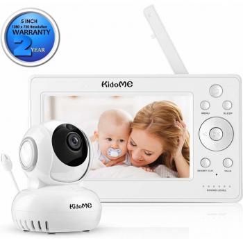 KidoMe 1280 x 720P Vigilabebé Vídeo Inalambrico Cámara Vigilancia con Pantalla Digital LCD a Color de 5 Bebé Monitor Inteligente Audio Bidireccional Alarma Canciones de Cuna Visión Nocturna