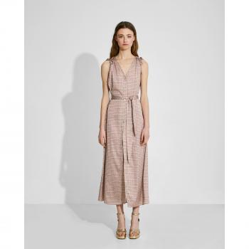 NAËLLE - Vestido midi satinado estampado y camisero de tirantes con detalle de lazos en hombros ajustables, cerrado con botones y cinturón