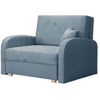 Sillón Columbus 160 con tapiz azul, patas de madera, dimensiones 85x103x98cm y función de sofá cama