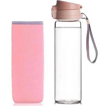 Reeho® Transparente 510ml Deportes Borosilicato Botella de Agua de Vidrio con Funda de Nailon, Botellas para senderismo, Gym, Correr [Libre de BPA]