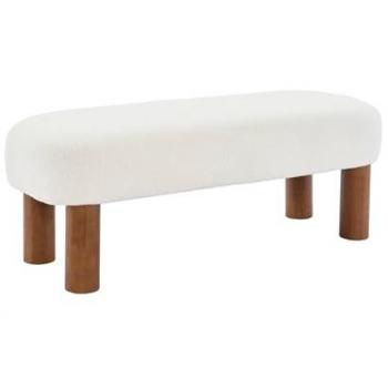 Banco final de cama, madera de caucho y tejido borreguito blanco, 121x45x45 cm