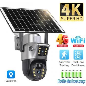 Cámara de vigilancia solar WiFi 4G 8MP 4K con tarjeta SIM, pantalla dual, lente dual, batería incorporada y seguimiento automático humano