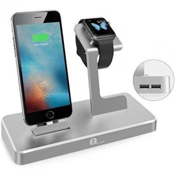 1byone Apple Watch Charging Stand, 3-en-1 Base de carga para el iWatch, iPad e iPhone con 2 puertos USB, la estación de carga de Apple MFi Certificado de aleación de aluminio, gris