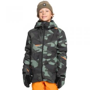 Chaqueta de esquí Quiksilver Mission verde oscuro junior, características: capucha, diseño puzzle camo sea spray, estándar para niños