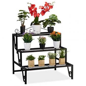 Escalera de Plantas de Metal, 3 Pisos, Estantería Decorativa para Flores, Exterior e Interior, 69 x 70 x 60 cm, Color Negro