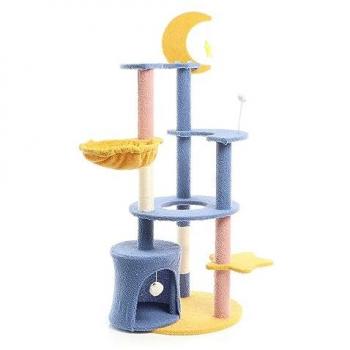 Árbol Rascador para Gatos Fudajo 132cm Luna y Estrellas Azul/Amarillo con Casa y Sisal