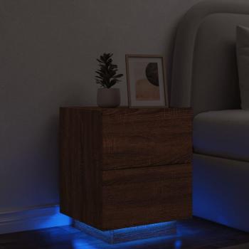 Mesita de noche con luz LED marrón roble madera multicapa y luces led de madera de ingeniería