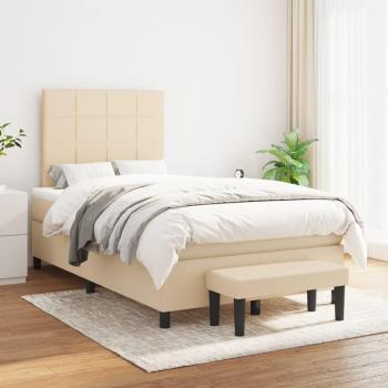 Cama Box Spring con Colchón Viscoelástico y Muelles Ensacados, Acolchado Reversible, Tela Color Crema 120x200 cm