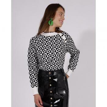 Jersey Naf Naf Mujer Estampado Jacquard Geométrico Bicolor Manga Larga Negro