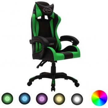 Silla Gaming con Luces LED RGB Verde y Negro en Cuero Sintético
