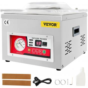 Sellador de vacío de cámara Vevor Dz-260A, velocidad de bombeo 6.5 m3/h, control automático, excelente efecto de sellado, potencia del motor 180W y potencia de sellado 320W,