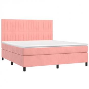 Cama Box Spring con colchón y LED de terciopelo rosa 160x200 cm
