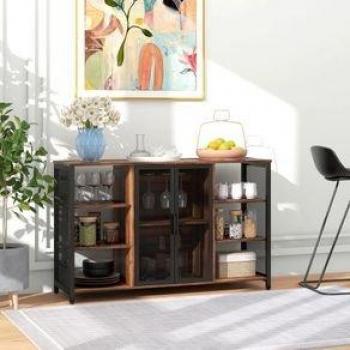 Aparador de Cocina Industrial HOMCOM Mueble Buffet Auxiliar con 6 Estantes Abiertos Porta Copas y Estante Ajustable para Bar Comedor 120x40x76 cm Marrón Rústico
