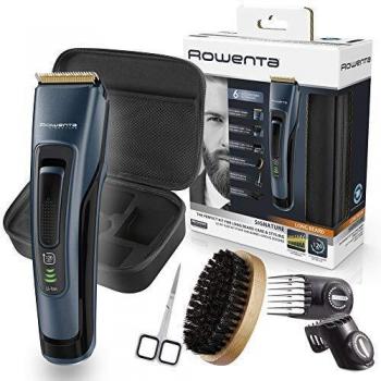 Rowenta Signature TN4500 Cortapelos y barbero, cuchillas autoafilables revestimiento titanio, cepillo cerdas naturales, tijeras para bigote y dos peines, estuche, autonomía 120 min