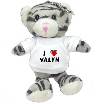 Gato gris de peluche (llavero) con Amo Valyn en la camiseta (nombre de pila/apellido/apodo)
