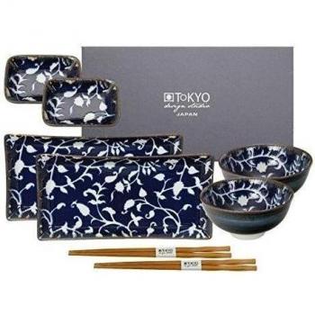 Tokyo Design Studio Fleur De Ligne Blue Sushi Juego completo - 8 piezas - para 2 personas - 2 Plato para sushi, incluye 2 Dip cuencos, 2 Cuencos de porcelana 2 pares.Palillos de bambú - para microondas y lavavajillas - En Caja De Regalo