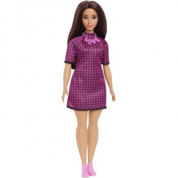 Barbie Fashionista Muñeca Curvy con Vestido Rosa a Cuadros, Pelo Moreno y Collar, para Niños de Más de 3 Años (Mattel HBV20)