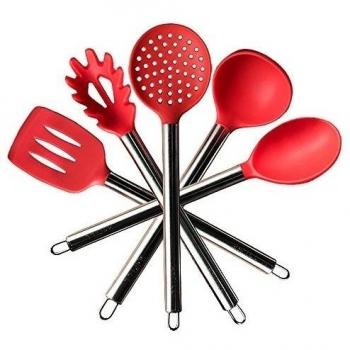 TTLIFE 5 Cucharones de cocina de silicona - utensilios con mango de acero inoxidable 5 piezas con forma de Cuchara, Espátula, Cuchara con ranuras, Cuchara de espaguetis y Espumadera 5 piezas