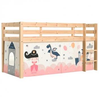 Cama de media altura Vipack Pino con textil Princess Sophie, madera maciza, incluye somier, disponible en colores natural, blanco o gris