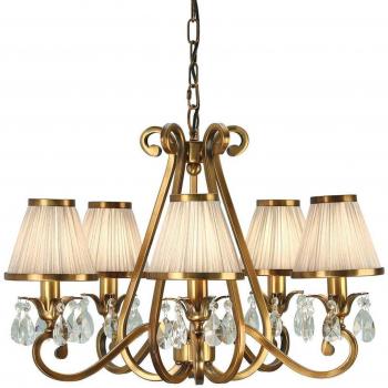 Lámpara de techo colgante Oksana, latón antiguo, 5 luces E14, gotas de cristal en 5 tonos beige
