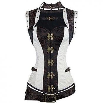 Charmian Women's Plus Size Spiral Steel Boned Renaissance Vintage Steampunk Bustier corsé Top with Jacket and Belt Brown-White Large