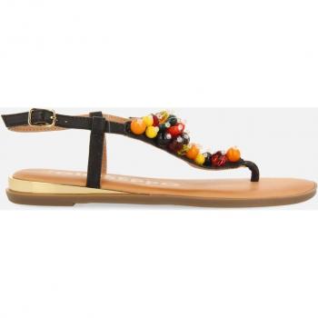 SANDALIAS NEGRAS DE PIEL CON ADORNOS MULTICOLOR PARA MUJER LEUCATE