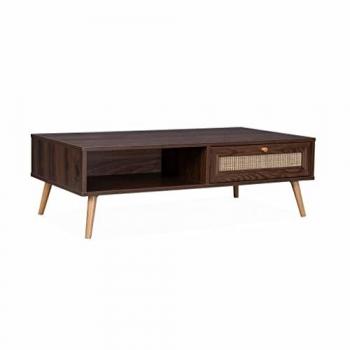 Mesa de Centro Escandinava de Caña Bohème, Madera Oscura, 110x59x39 cm, con 1 Cajón y Espacio de Almacenamiento