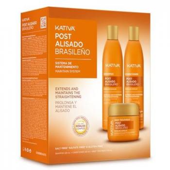 Kativa Post Alisado Brasileño Vegano Kit 3 Productos - Champú, Acondicionador y Mascarilla de 225 ml cada uno, con keratina vegetal y ácido hialurónico, que prolonga el alis