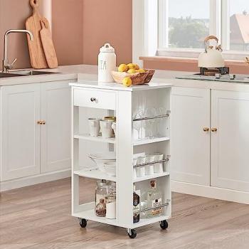 Carrito Auxiliar de Cocina SoBuy FKW12-II-W con 3 Estantes, 1 Cajón, 4 Ruedas, Dimensiones: 50 x 37 x 86 cm, Color Blanco