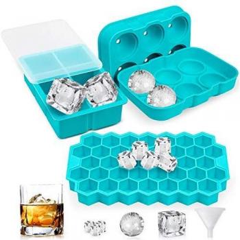 Newdora 3pcs Cubitera Hielo Moldes para Cubitos de Hielo Molde, Silicona Sin BPA Bandeja de Hielo con Tapa para Congelarse Alimentos para Bebés,Cola,Cócteles,Whisky, Azul