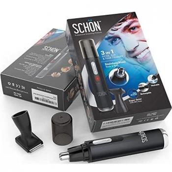 Schon Premium Stainless Steel 3-in-1 Nose, Eyebrow & Facial Hair Trimmer. Rechargeable with Soft Carry Bag Included