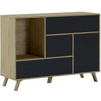 Skraut Home - Aparador para Salón o Comedor - 86 x 120 x 40 cm - Buffet con 1 Puerta + 3 Cajones - Modelo Wind - Madera Resistente - Acabado Roble/Gris