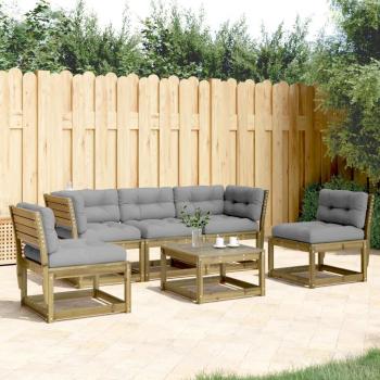 Set de sofás de jardín 5 piezas con cojines de madera de pino sumergido, color marrón